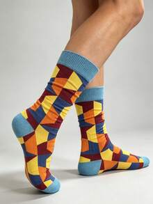 1/3/5 Pairs Vintage Geometric Pattern Mid-Calf Socks, Men's Color-Block Mid-Calf Socks - Multicolor - View 3