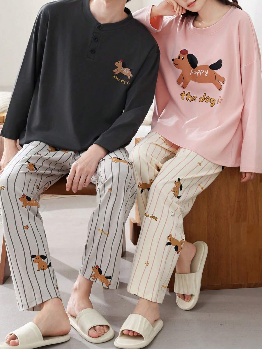 2pcs/Set Women's Pajamas Homewear Set, Couple Style Pullover Round Neck Cute Puppy Print Long Sleeve Long Pants, Comfortable For Home - Pink - View 1