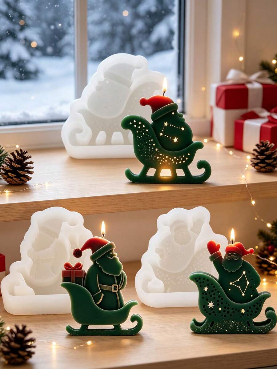1PC Santa Claus Sleigh Aromatherapy Candle Silicone Mold, Christmas Santa On Sleigh Shape DIY Handmade Candle Plaster Ornament Mold, Holiday Craft Easy Release Silicone Mold - Santa Claus - View 1