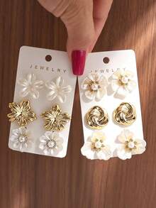 6/12PCS Fashionable Personalized Elegant Pearl Flower Rhinestone Gold Geometric Earrings Set Suitable For Party, Banquet, Travel, Wedding, Vacation, Daily Wear Jewelry Gift (Lightweight ABS Material, Non-Fading) - Gold - View 7