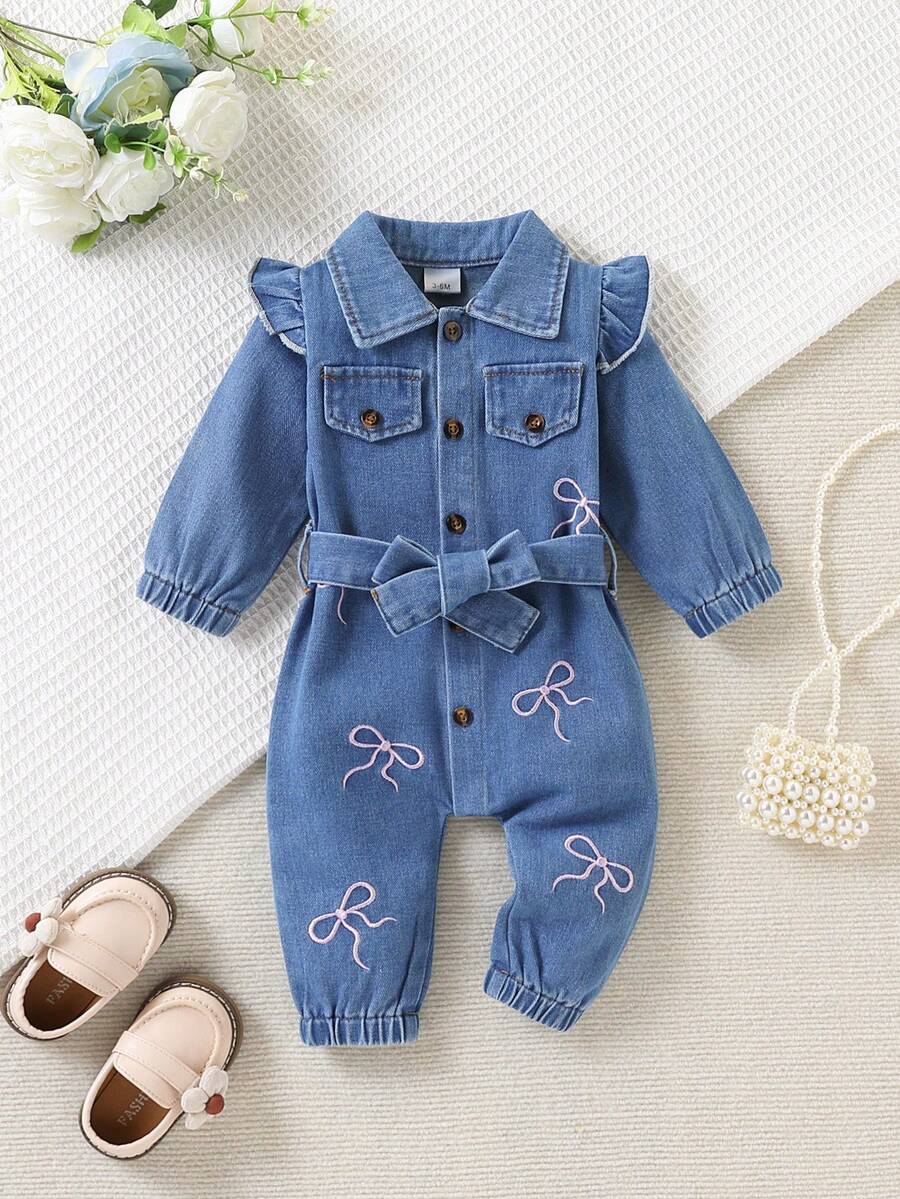 Baby Girl Denim Romper With Turn Collar, Ruffle Hem, Pink Bow Embroidery, Cuffed Long Sleeves, Autumn Fashion Infant Outdoor Crawler - Medium Wash - View 1