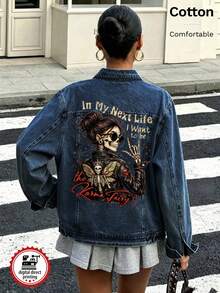 Women's Denim Jacket, Skull Graphic White Ink Direct-To-Garment Print, Vintage Washed Loose Fit Denim Jacket - Dark Denim Blue - View 2