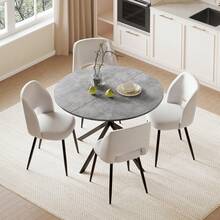 Folding Dining Table And Chairs Set Of 4, Easy Clean Round Dining Table With Padded Chairs Durable Dining Furniture Set Suitable For Dining Room And Kitchen - Grey Table + White Chair - View 1