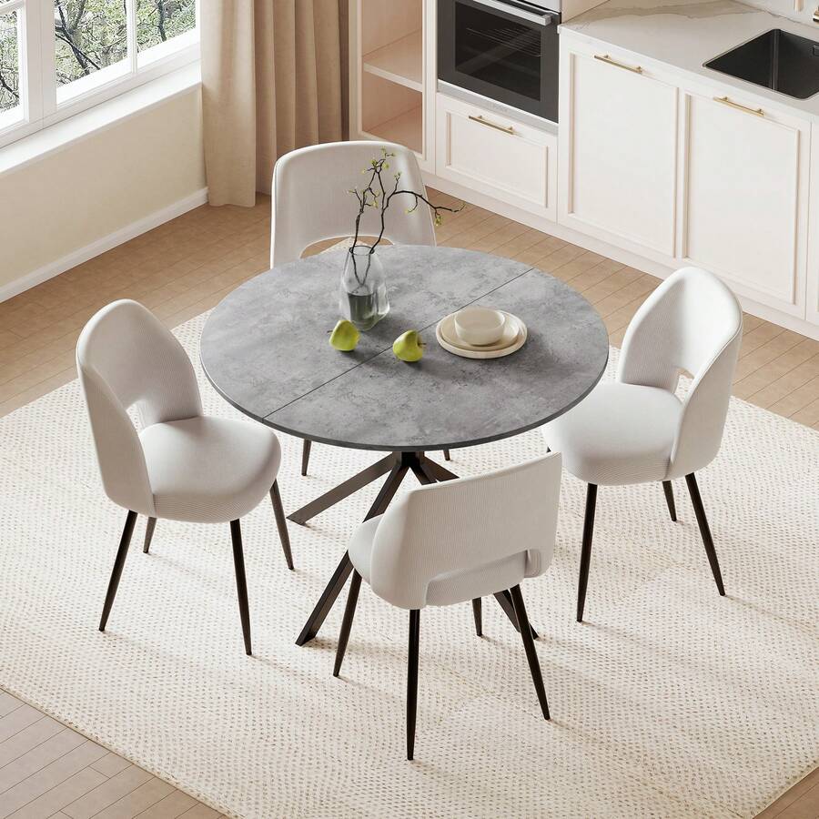 Folding Dining Table And Chairs Set Of 4, Easy Clean Round Dining Table With Padded Chairs Durable Dining Furniture Set Suitable For Dining Room And Kitchen - Grey Table + White Chair - View 1