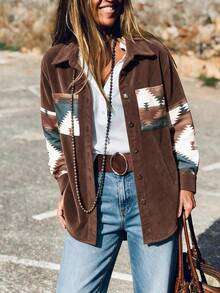Women's Western Style Brown Corduroy Shacket, Print Patch Pocket Long Sleeve Jacket Suitable For Road Trips - Multicolor - View 4