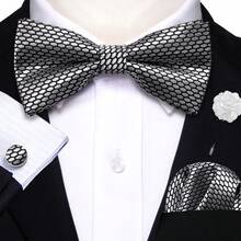 4Pcs Men Silver Geometric Honeycomb Jacquard Bow Tie Pocket Square Cufflinks Boutonniere Set For Wedding Business Party - Silver - View 2