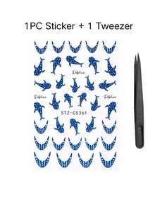1pc Ocean Dolphin Theme Decorative Sticker, Polka Dot Dolphin With Crescent Moon Design Combination Pattern, Self-Adhesive Backing, Comes With Tweezers, Suitable For IPad, Laptop, Notebook, Earphones And Other Decorations - Whale Design - View 5