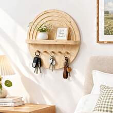 Round Wooden Key Holder Shelf, Nordic Style Entryway Storage Rack With Hooks, Bedroom Kitchen Bathroom Universal Room Decor, Multi-Functional Wall-Mounted Storage Rack, Minimalist Home Wall Decoration - View 1
