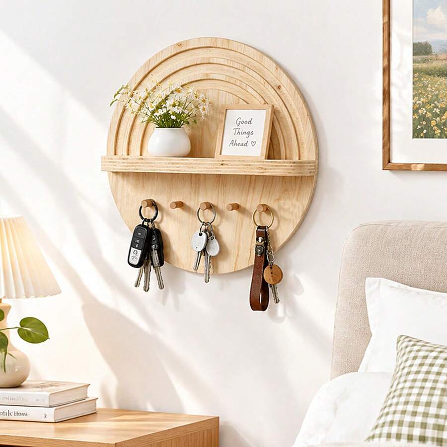 Round Wooden Key Holder Shelf, Nordic Style Entryway Storage Rack With Hooks, Bedroom Kitchen Bathroom Universal Room Decor, Multi-Functional Wall-Mounted Storage Rack, Minimalist Home Wall Decoration - View 1