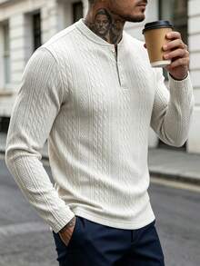 Men's Solid Color Jacquard Henley Long Sleeve Top, 3-Button Placket Slim Fit Textured Casual Pullover, Suitable For Spring And Autumn Daily Wear - White - View 2