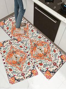 1/2pcs Diatomaceous Earth Bath Mat, Vintage Bohemian Floral Pattern Style, Super Absorbent, Non-Slip, Perfect For Bathroom, Kitchen And Dining Room, Quick Dry, Perfect Gift For Home Decor And Bathroom Mat, Holiday Gift! - Multicolor - View 6