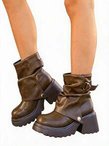 DareSee Women's Ankle Boots, Height-Increasing Leg-Lengthening Anti-Slip Distressed Matte Metal Buckle Rivet Strap Solid Color Round - Brown - View 1