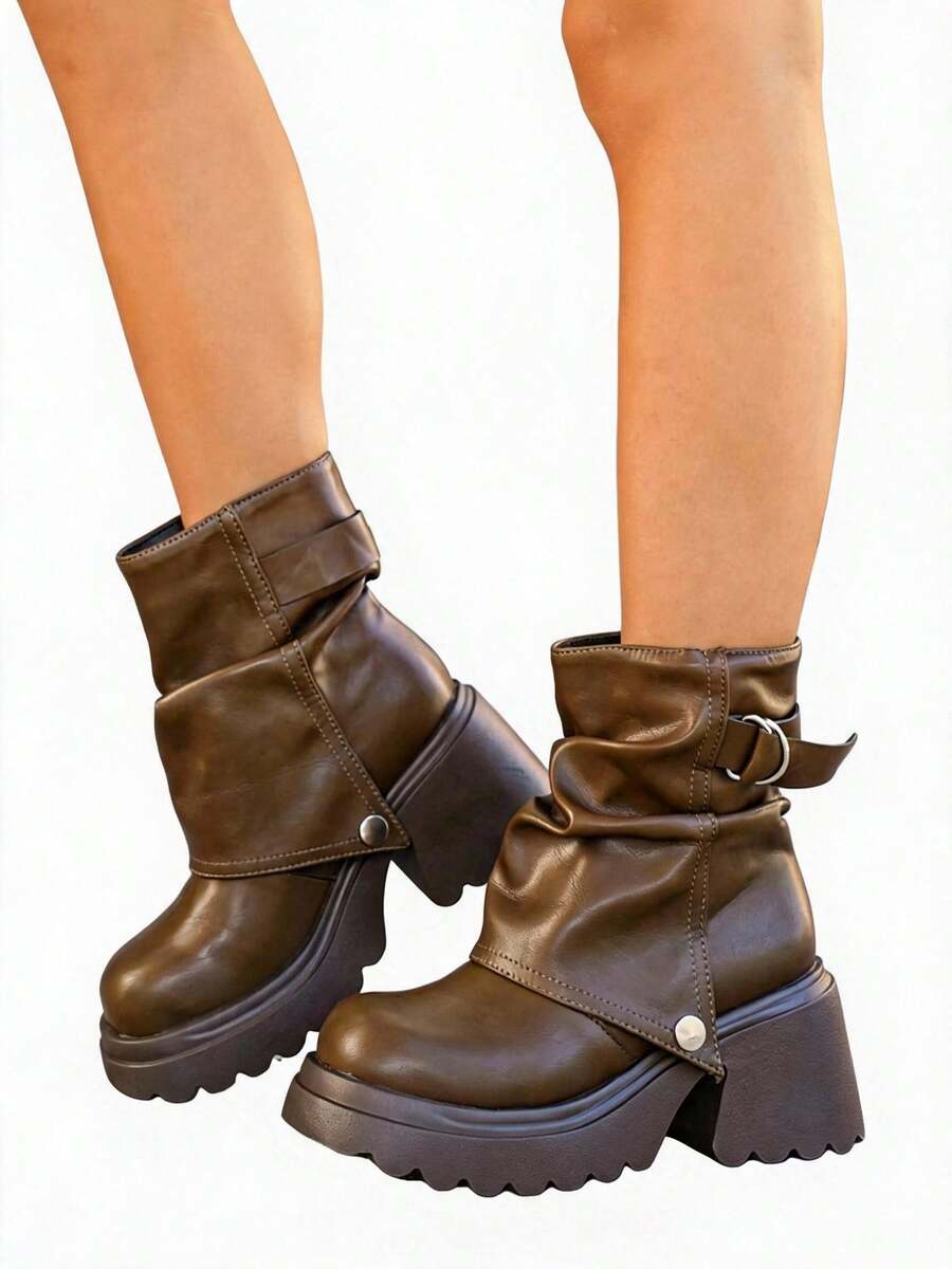 DareSee Women's Ankle Boots, Height-Increasing Leg-Lengthening Anti-Slip Distressed Matte Metal Buckle Rivet Strap Solid Color Round - Brown - View 1