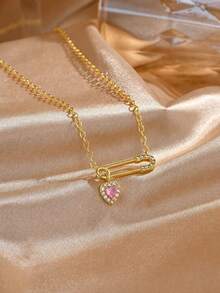1pc Exquisite Cute Heart-Shaped Brooch Pendant, Sparkling Rhinestone Zirconia Heart Necklace - Heart Necklace - View 3