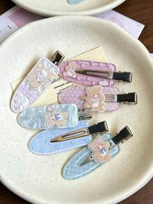 3pcs Floral Cute Bear Seamless Hair Clips, Cartoon Sweet Hair Accessories For Girls, New Seamless Side Clips - Multicolor - View 2