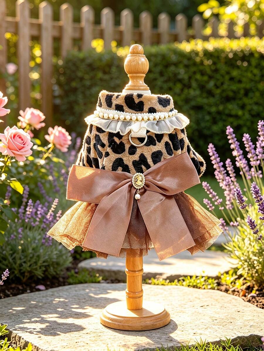 1pc Pet Clothes Dog Cat Apparel Autumn/Winter New Warm Leopard Print Tulle Wedding Dress - Brown - View 1