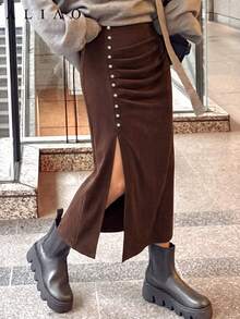 Aliao Suede Split Midi Skirt Women, High Waist Ruched Bodycon Side Slit Straight Skirt Wedding Date Fall - Brown - View 5