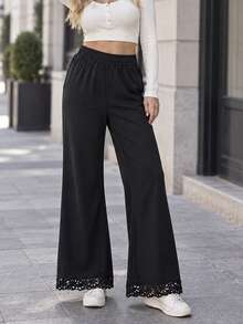 Women's Black Polyester Flare Leg Pants, With Hollow Lace Hem, Non-Stretch Long Pants, Casual Style - Black - View 4