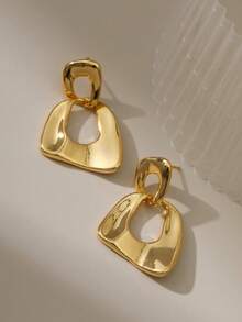 1 Pair Vintage Fashion Geometric Metal Earrings, Double Layer Asymmetric Square Design, Suitable For Women's Daily Wear And Gift Giving - Gold - View 2
