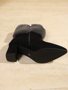 New Women's Versatile Fuzzy Side Zipper Chunky Heel High Heel Ankle Boots Autumn Winter Pointed Toe Fashion All-Match Style Faux Fur Home Wear - Black - View 8