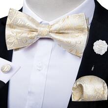 4Pcs Men Apricot Tropical Plant Jacquard Bow Tie Pocket Square Cufflinks Boutonniere Set For Wedding Business Party - Apricot - View 2