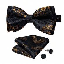 4Pcs Men Black Diamond Pattern Bow Tie Pocket Square Cufflinks Boutonniere Set For Wedding Business Party - Black - View 4