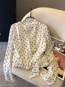 Bowknot Tie-Front Polka Dot Long Sleeve Blouse - White - View 1