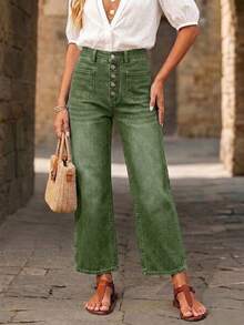 New Women's Loose Elastic Waist Denim Capri Pants Casual Spring - Army Green - View 2
