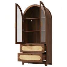 Display Cabinet With Montmartre Arch, 175x80x40cm, Bookshelf With 2 Drawers & Adjustable Shelves, Retro Design, Walnut - Natural Color - View 6