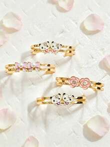 Set 4 Gelang Gaya Manis dan Segar, Set Gelang Sahabat Baik, Panda, Mutiara, Pita, Bunga, Berbagai Desain, Dapat Ditumpuk, Gaya Campur & Padu, Hadiah untuk Kakak Beradik untuk Dipakai Bersama - Emas - View 2