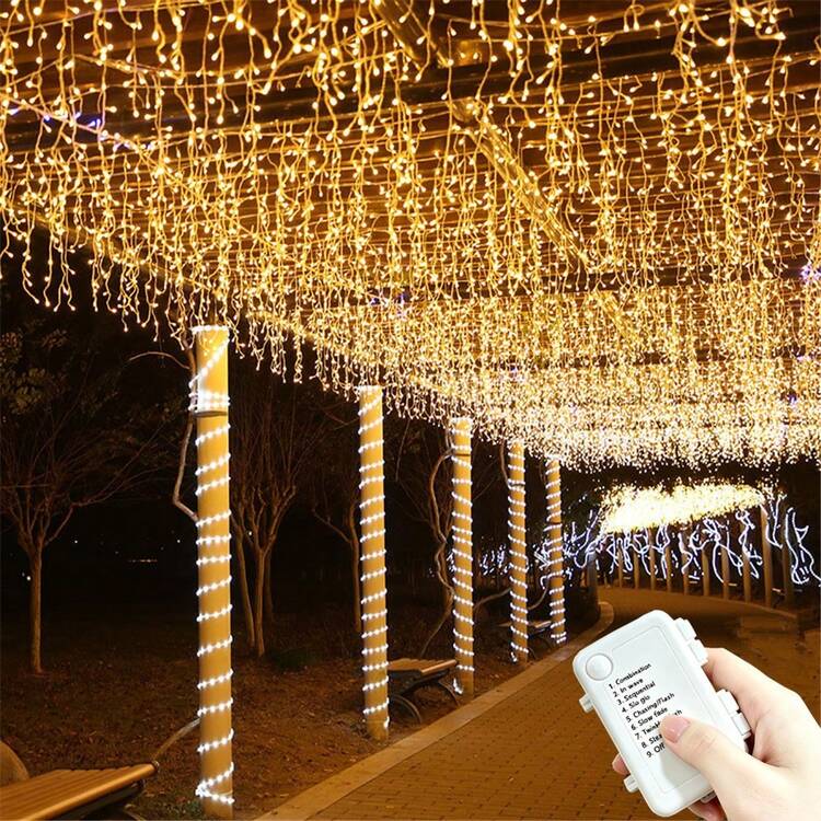 8功能電池盒閃爍仙女燈，萬聖節聖誕裝飾，室內串燈，暖白色/彩色，冰柱串燈，聖誕樹裝飾，窗簾裝飾，裝飾燈，45/80/96/150燈 - 電池盒冰條燈 - 查看 12