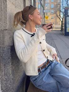 Korean Style Sweet Girl Autumn/Winter Knit Cardigan Sweater With Single-Breasted Bow Detail - Apricot - View 4