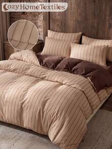 2/3pcs Brown Striped Pattern Duvet Cover Bedding Set, Comfortable & Breathable, Lightweight & Anti-Pilling, Machine Washable, Room Decor, Bedroom Decor, Dorm Bedding, Suitable For All Seasons, Fits Twin/Full/Queen/King Size Beds, Autumn Home Decor - Multicolor - View 6