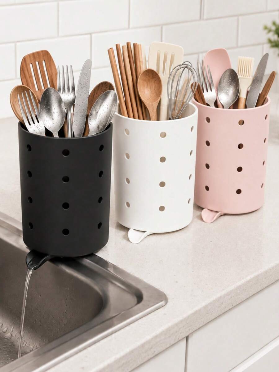 1pc Kitchen Utensil Holder With Drainage Spout, Sink Side Utensil Storage Box, Suitable For Forks, Spoons, Chopsticks And Kitchen Tools, Ventilated Countertop Storage Basket, Direct Drainage, Compact Kitchen Sink Storage Rack, Suitable For Home, Apartment, Dormitory Countertop Storage - View 1