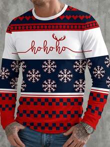 Men's Christmas Crew Neck Long Sleeve T-Shirt, Printed With "Ho Ho Ho", Reindeer And Snowflake Pattern, Casual Christmas Party Top - Multicolor - View 1