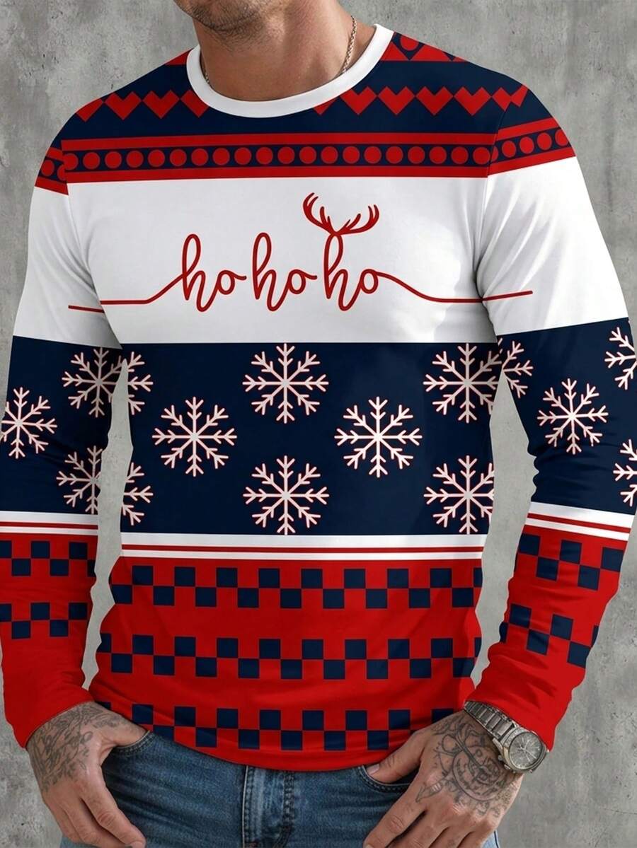 Men's Christmas Crew Neck Long Sleeve T-Shirt, Printed With "Ho Ho Ho", Reindeer And Snowflake Pattern, Casual Christmas Party Top - Multicolor - View 1