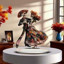 2D Flat Vintage Floral Dancing Skeleton Couple Desktop Decor, Day Of The Dead, Christmas, Holiday Atmosphere Desktop Ornament - A - View 6