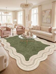 1pc Olive Green & Beige Wavy Border Pattern French Country Vintage Rug, Fresh Elegant Style Faux Cashmere Asymmetrical Wavy Edge Rectangular Multi-Layered Beige Woven Trim Frame With Distressed Texture Detail, Machine Washable Area Carpet For Living Room Bedroom Balcony, All Season Home Decor - Multicolor - View 1