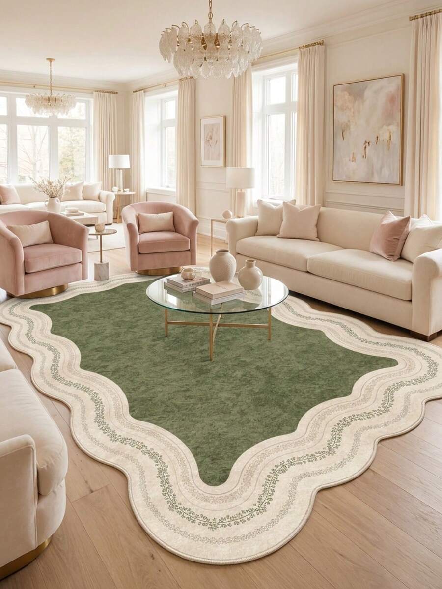1pc Olive Green & Beige Wavy Border Pattern French Country Vintage Rug, Fresh Elegant Style Faux Cashmere Asymmetrical Wavy Edge Rectangular Multi-Layered Beige Woven Trim Frame With Distressed Texture Detail, Machine Washable Area Carpet For Living Room Bedroom Balcony, All Season Home Decor - Multicolor - View 1