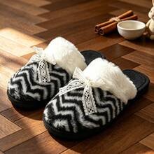 1 Pair Elegant Bow Fabric Flat Slippers Warm Indoor Winter Floor Slides - Black - View 2