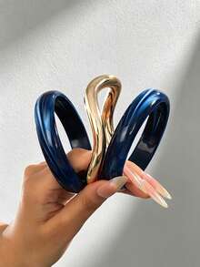 Juego de 3 piezas de pulseras de acrílico vintage exquisitas, diseño cilíndrico de moda adecuado para uso casual diario, accesorio de moda para mujeres, material de acrílico sin incrustaciones, adecuado para todo el año para uso diario, fiestas y ocasiones de vacaciones, regalo para mujeres. - Conjunto de pulseras minimalistas azules - Ver 1