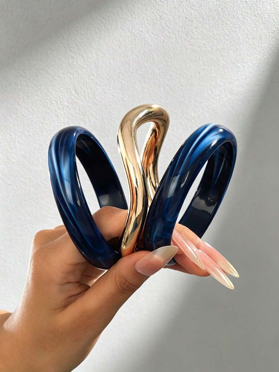 Juego de 3 piezas de pulseras de acrílico vintage exquisitas, diseño cilíndrico de moda adecuado para uso casual diario, accesorio de moda para mujeres, material de acrílico sin incrustaciones, adecuado para todo el año para uso diario, fiestas y ocasiones de vacaciones, regalo para mujeres. - Conjunto de pulseras minimalistas azules - Ver 1