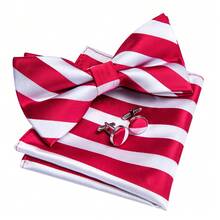 4Pcs Men Red‑White Striped Bow Tie Pocket Square Cufflinks Boutonniere Set For Wedding Business Party - Red - View 4