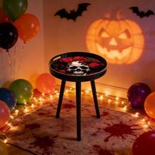 Halloween Gothic Round Side Table, Skull & Red Rose Print Tray‑Top End Table, Fall Spooky Home Decor, Portable Accent Coffee Table With Handle For Party Living Room Bedroom,Removable - Black - View 5