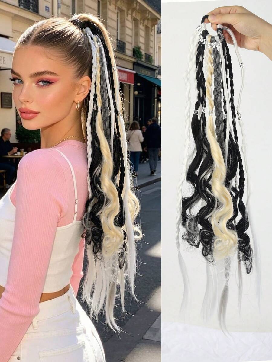 Wig Ekor Kuda Kepang Boho 24 Inci, Kepang Viking Bohemian Berhiaskan Manik-Manik dengan Karet Rambut, Ekstensi Rambut Kepang untuk Pesta Festival - MultiWarna - View 1
