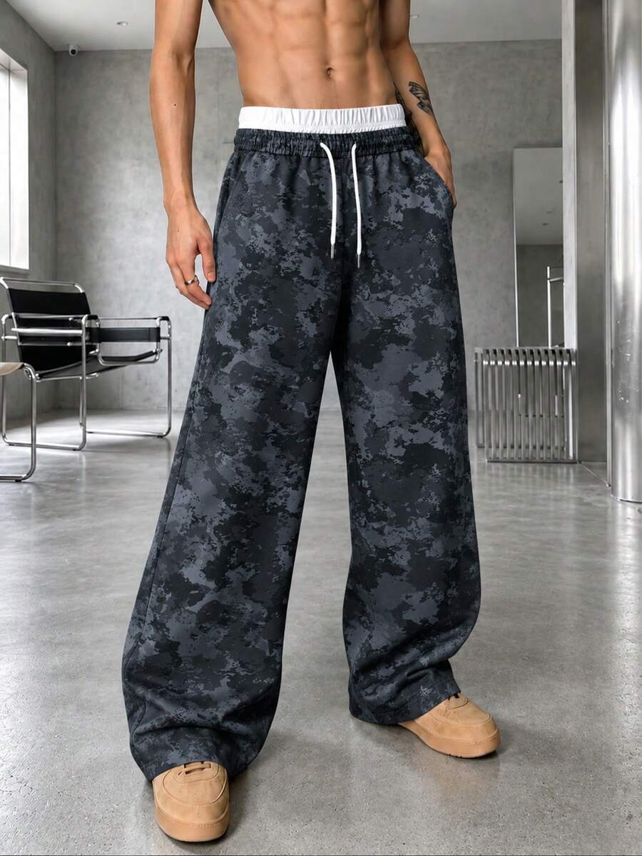 Men's Spring/Autumn Colorblock Camouflage Straight Leg Loose Fit Commuter Fitness Jogging Versatile 2 In 1 Sports Long Pants - Dusty Blue - View 1