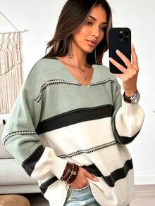 Spring Autumn Winter European American Style Elegant Striped Women's Knit Sweater Fashion Casual Commute Long Sleeve V-Neck Plus Size Pullover - Multicolor - View 3