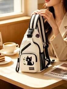 Tas Ransel Selempang Banyak Saku, Desain Motif Kucing Hitam Lucu, Tas Selempang Kasual Nilon, Daypack Travel dan Mendaki dengan Tali Ritsleting, Hadiah Sempurna - MultiWarna - View 4
