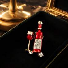 Vintage Enamel Wine Bottle & Goblet Brooch, Clear Rhinestone Inlaid Lapel Pin, Alloy Decorative Badge For Coat Scarf Fashion Jewelry Gift - Red - View 5