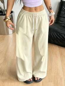 Women's Mid-Waist Corduroy Wide Leg Pants, Loose Drawstring Casual Long Pants With Pockets, Versatile For Autumn/Winter - Apricot - View 1